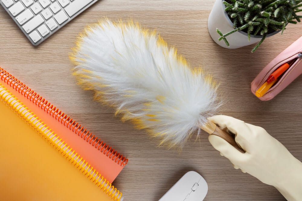 Using feather duster to dust table as part of office cleaning services