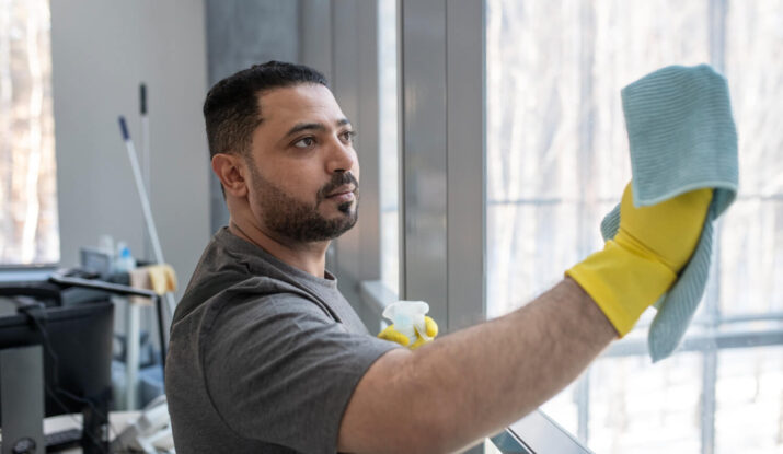 Office cleaner in Sydney wiping a window