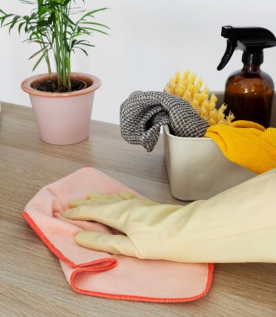 Office cleaner in gloves wiping a work desk with a clean microfibre cloth
