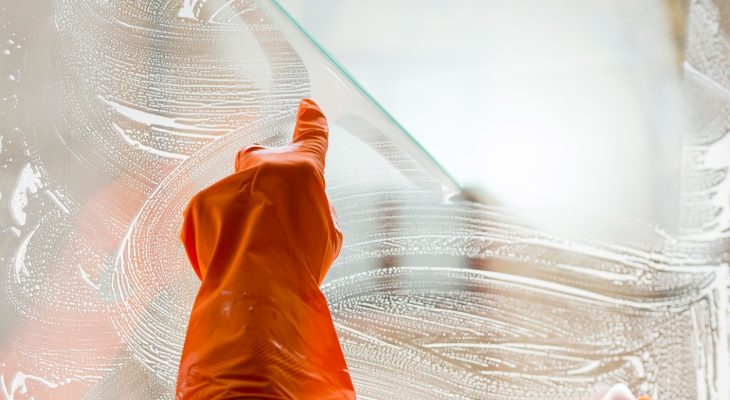 Cleaner using a squeegee for window cleaning services