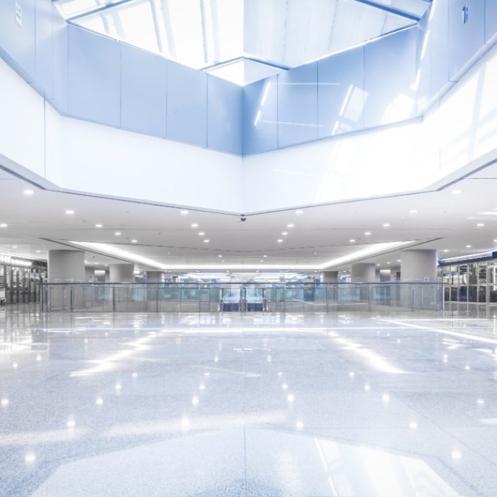 Sparkling lobby with floors that was scrubbed and polished by commercial cleaning services