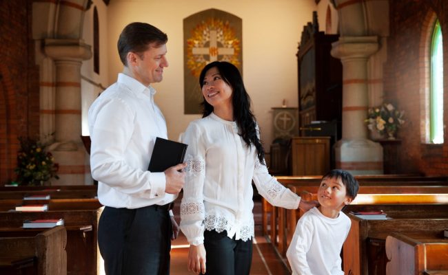 Happy family at church after church cleaning services