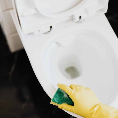 Cleaner scrubbing a toilet for office cleaning